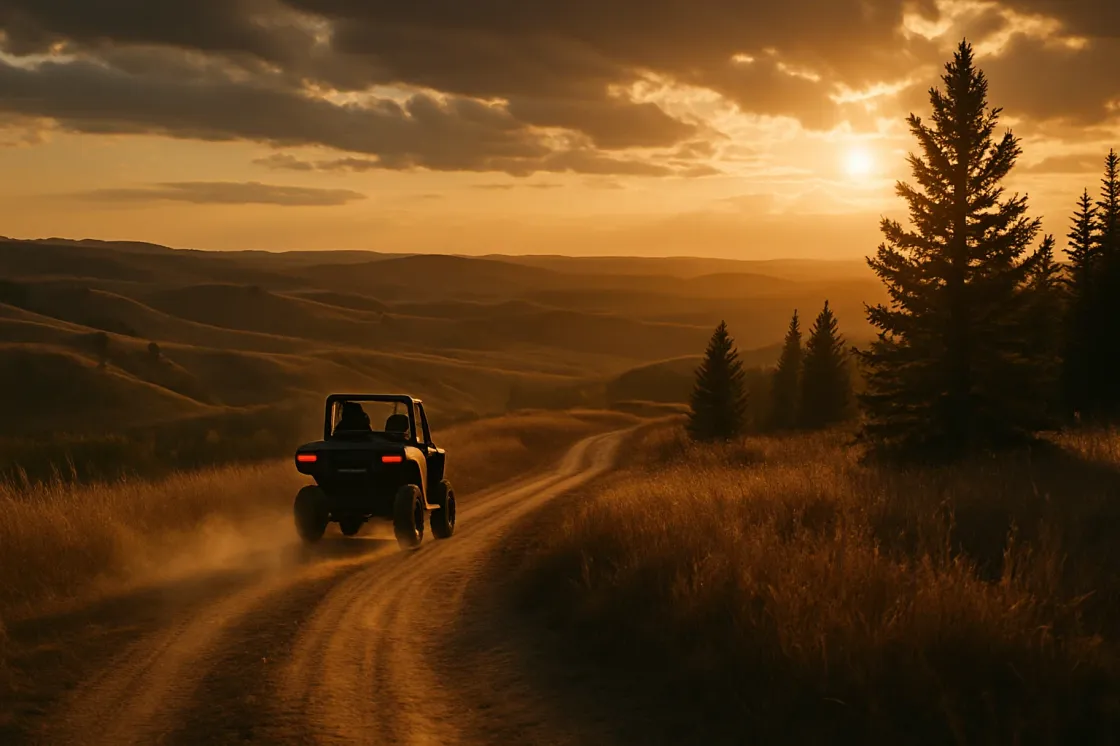 Golden-hour Alberta trail through dry grass and spruce with an ATV on the path in the distance under a wide sky