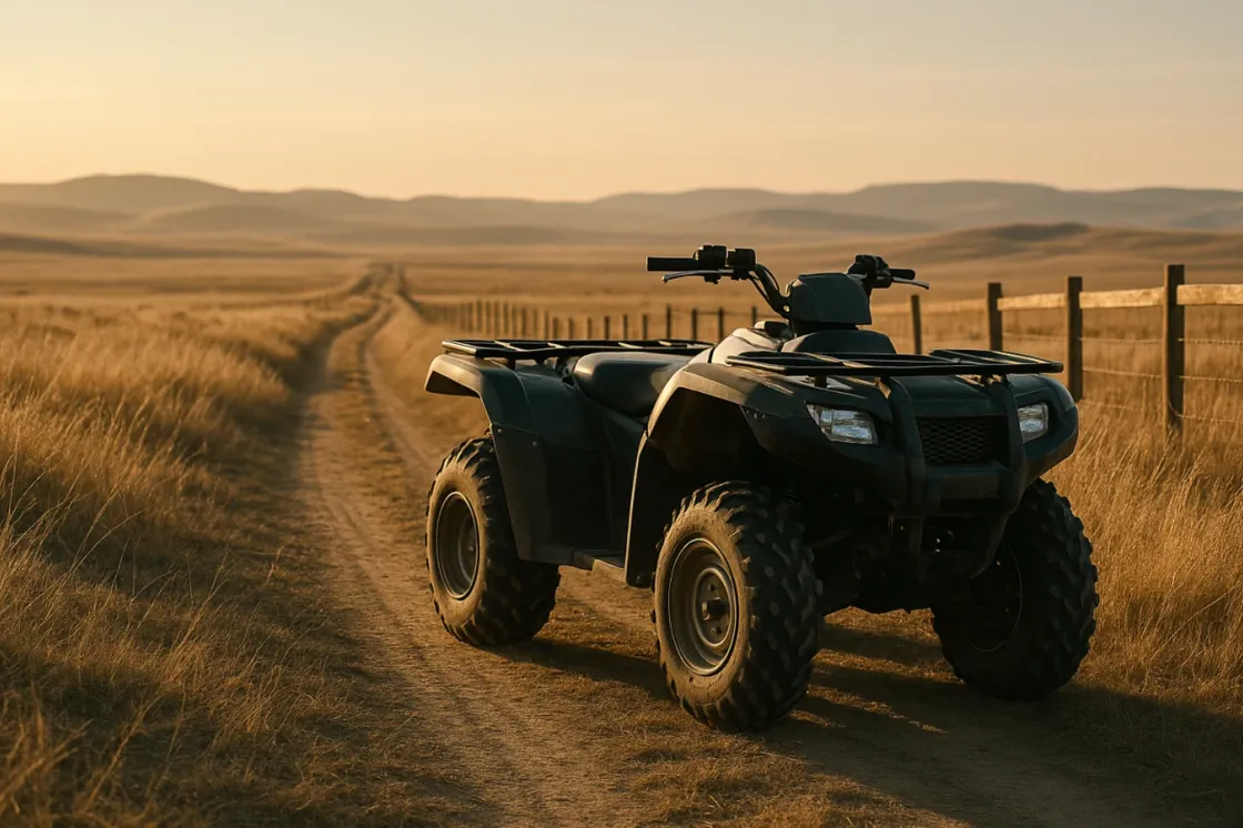 A single sport-utility ATV parked on a prairie two-track trail at golden hour with a fence line and low foothills fading into the distance under a wide Alberta sky