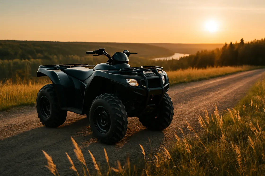 A single ATV staged on gravel trail access near the North Saskatchewan river valley at golden hour with prairie grass and a low treeline behind