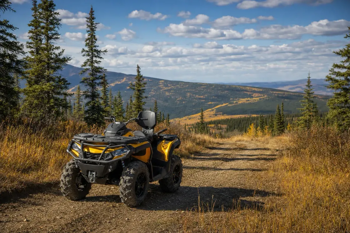 Modern yellow and black Can-Am Outlander all-terrain vehicle parked on an Alberta dirt trail cutting through golden grass and spruce trees under afternoon sun
