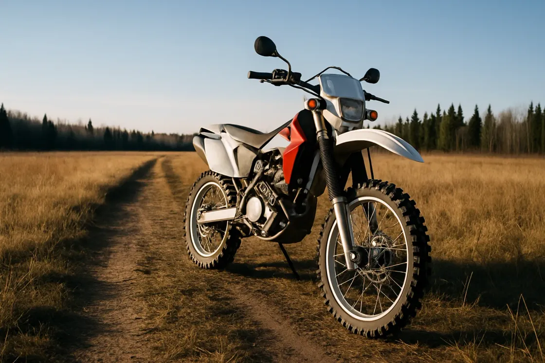 A single dirt bike staged on the edge of an Alberta boreal trail at crisp daylight with prairie grass and a low treeline behind it and no logos or faces