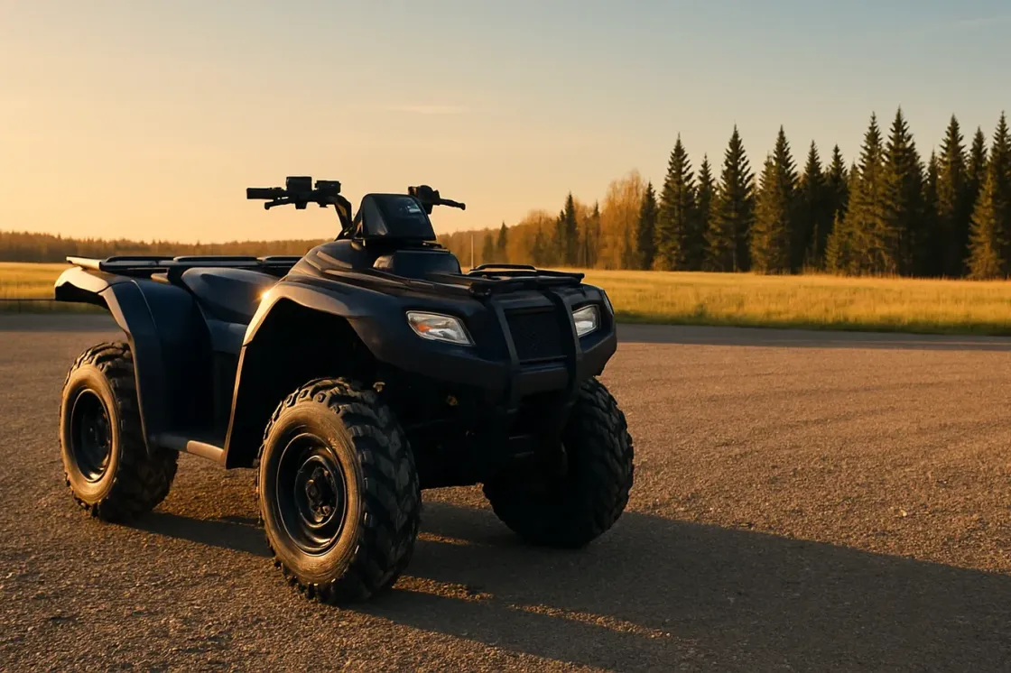 Used sport-utility ATV parked on a paved rural surface at golden hour with prairie grass and a spruce treeline behind