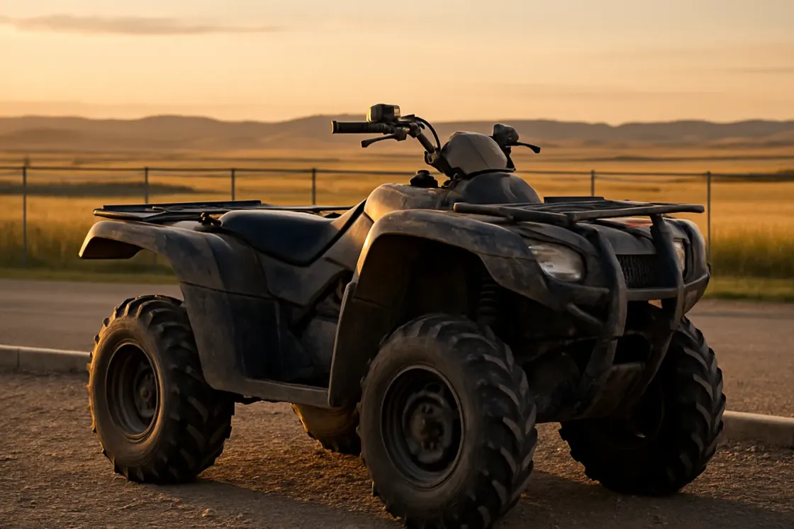 A used quad parked on the gravel edge of an Alberta dealership lot at golden hour with prairie grass and soft foothills fading behind