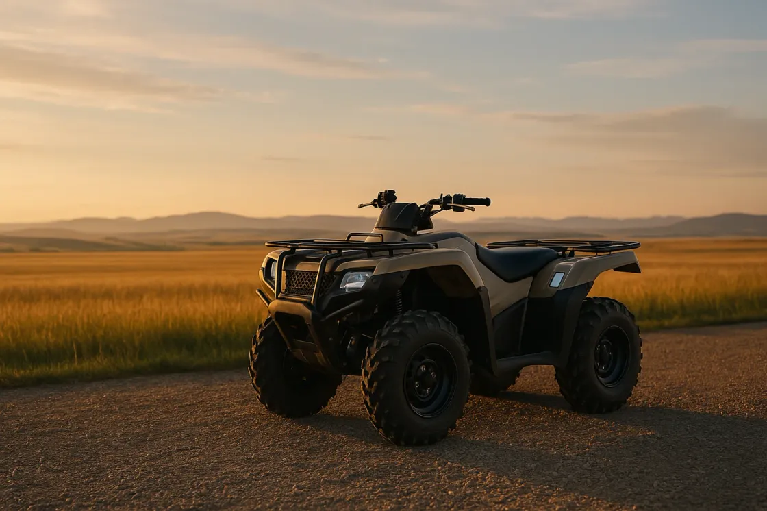 A single clean utility ATV parked on a gravel dealership yard edge in central Alberta at golden hour with open prairie fading to low foothills under a wide sky