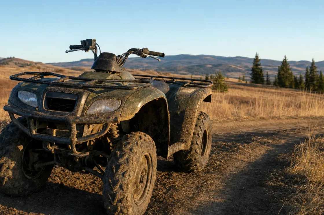A used four-wheel ATV quad parked on a dirt trail in rural Alberta with open woods and foothills in the background