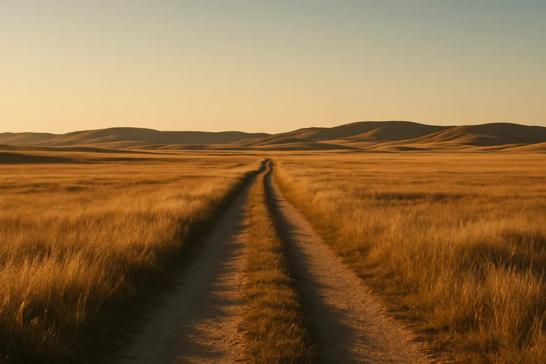 A single utility ATV parked on a gravel yard at golden hour with a wide Alberta prairie and low foothills fading into the distance under an open sky