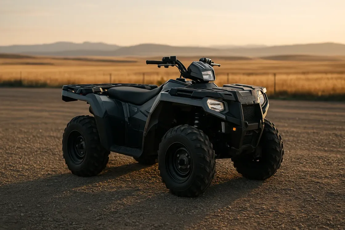 A single ATV quad parked on a gravel dealership pad in rural Alberta at golden hour with open prairie and low foothills behind it, no branding or plate visible
