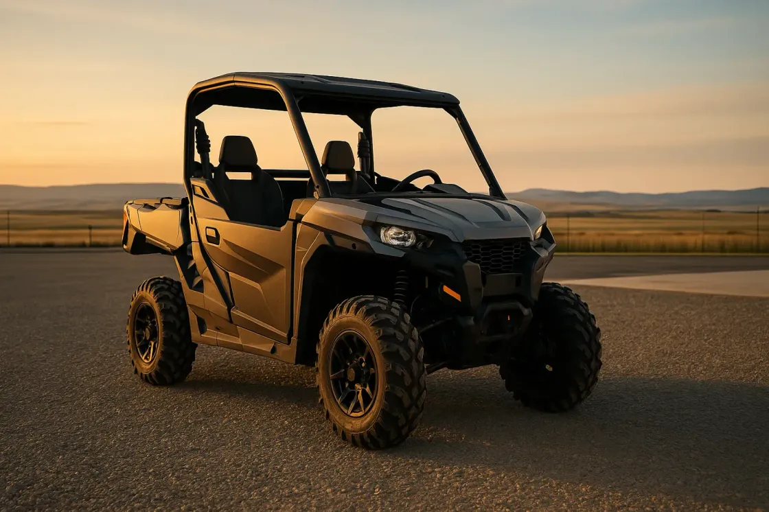 A single side-by-side parked on a gravel dealership yard at golden hour with wide Alberta prairie and low foothills fading into an open sky and no people or logos