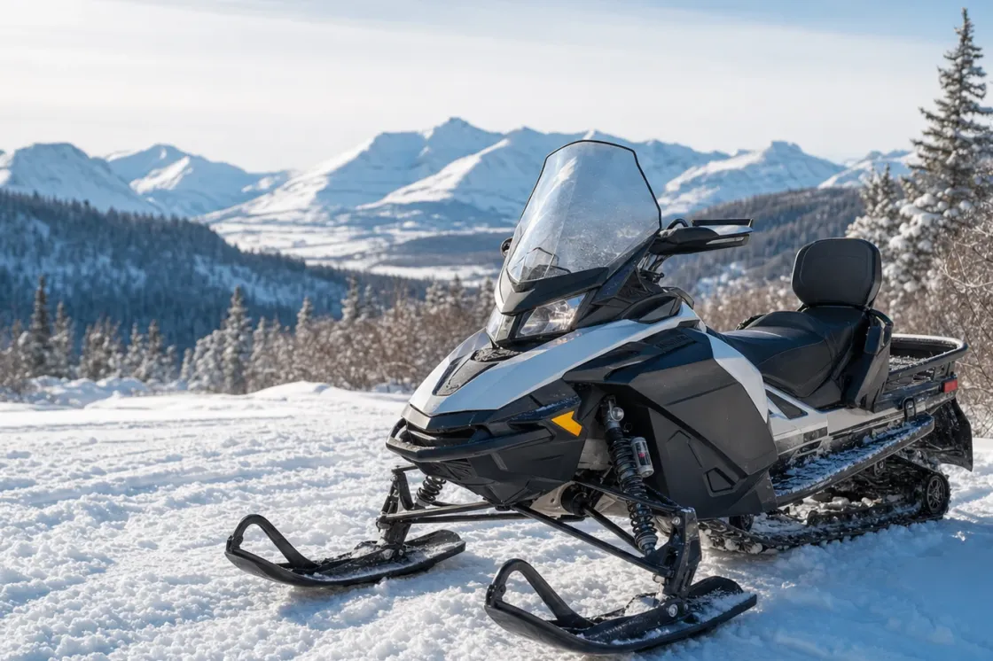 Modern trail snowmobile parked on packed snow along an Alberta backcountry trail with winter foothills under bright daylight