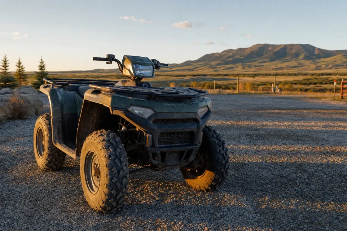 A single rugged utility ATV quad parked on an open gravel dealership pad in rural Alberta at golden hour with open prairie foothills in the far background