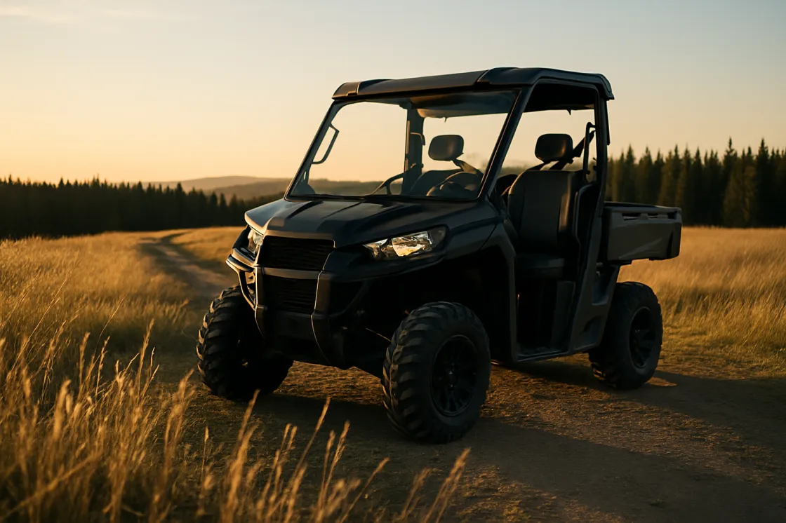 A side by side utility machine parked on an Alberta foothills trail at golden hour with prairie grass in the foreground and a spruce treeline on the horizon, subject about half the frame