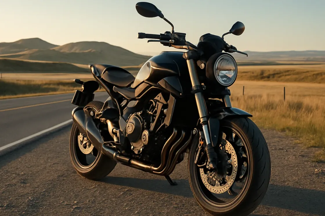 A single street motorcycle parked on the shoulder of an Alberta secondary highway at golden hour with low foothills and open prairie fading into the distance under a clear sky