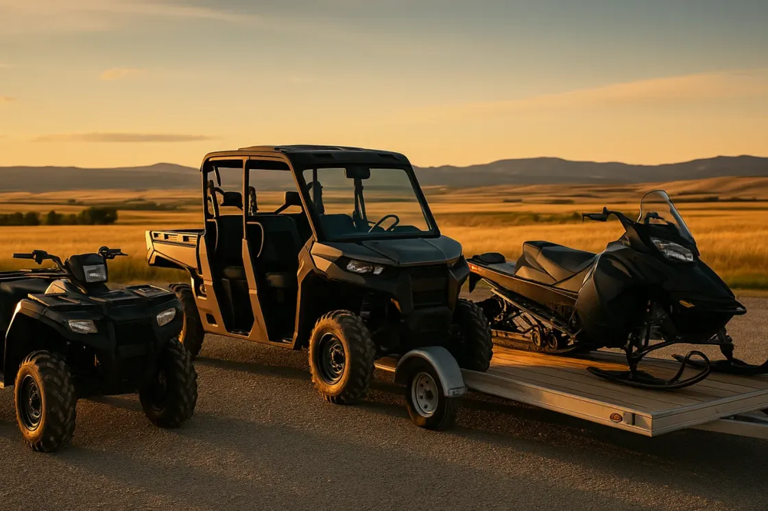 A mixed lineup of an ATV quad, a side-by-side UTV, and a snowmobile on a trailer parked on a gravel dealership pad in rural Alberta at golden hour with open prairie and low foothills behind them