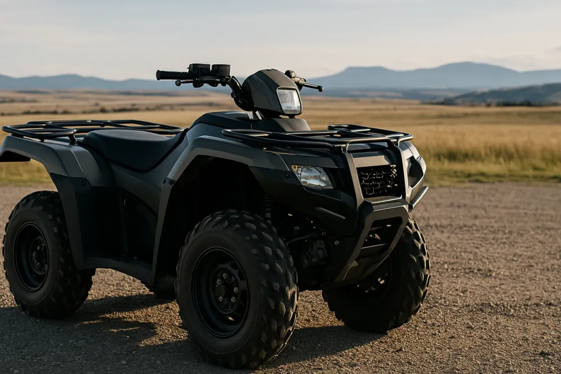 A single utility ATV parked on a gravel dealership lot at golden hour with wide Alberta prairie and low foothills fading into an open sky and no people or logos