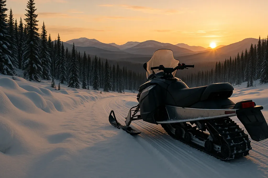 A single snowmobile parked at the edge of a snowpacked Alberta trail at golden hour with low foothills fading into the distance under an open winter sky