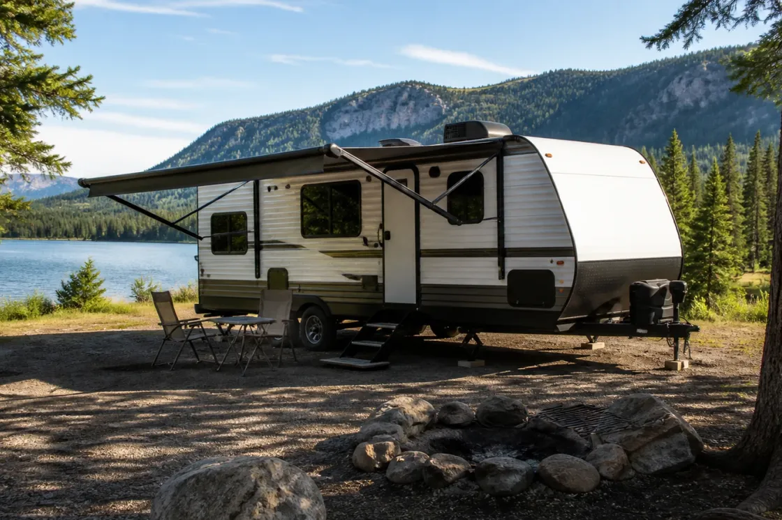 Modern white travel trailer parked at a scenic Alberta campsite by a mountain lake in crisp morning daylight