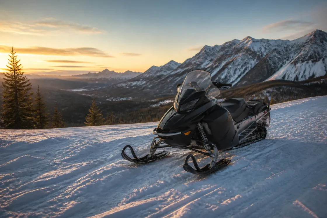 A used snowmobile parked on mountain snowpack in Alberta during golden hour
