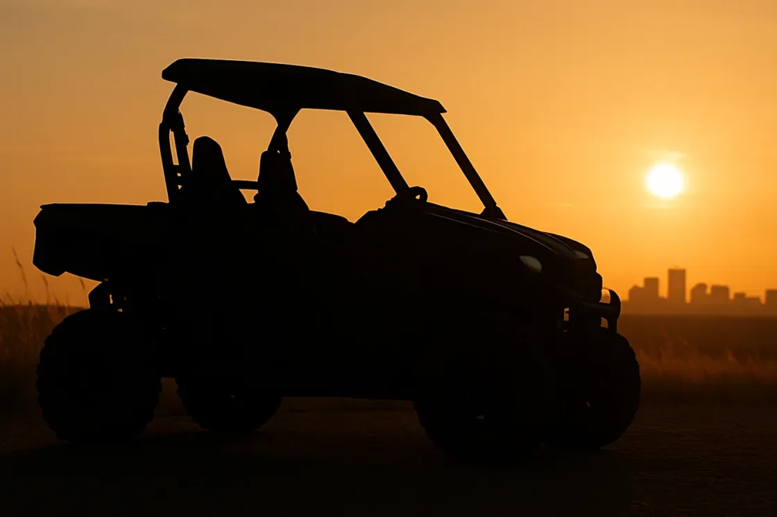 A side-by-side UTV parked on a gravel lot at the edge of Edmonton at golden hour, with prairie grass in the foreground and a low city skyline on the horizon