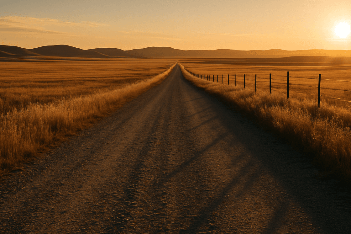 An empty gravel track cutting across open Alberta prairie at golden hour, with a wire fenceline and low foothills on the horizon