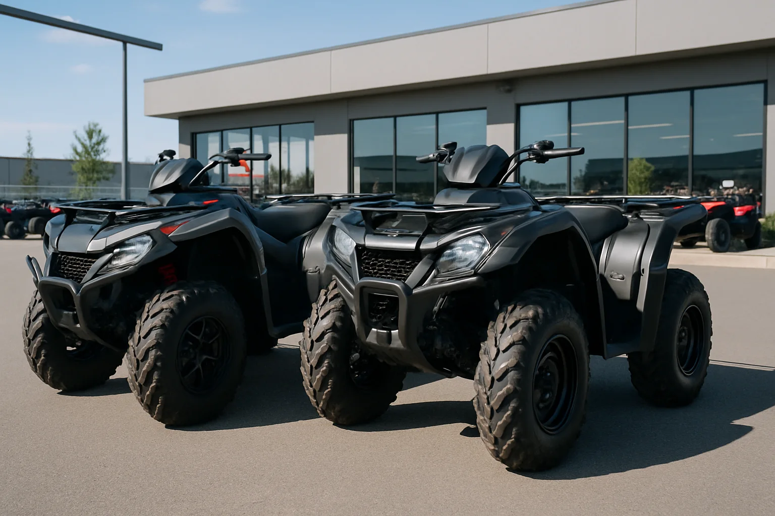 Two ATVs parked side by side on a bright Alberta powersports dealership lot for comparison shopping