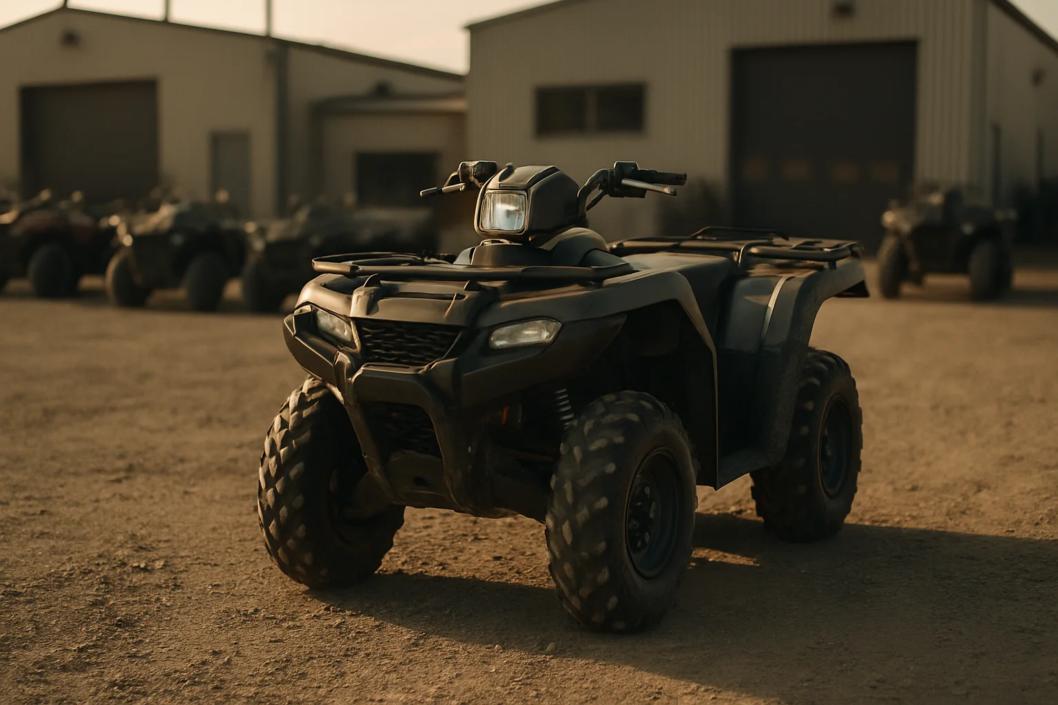 Sport-utility ATV on a gravel dealership lot during a practical shop visit in afternoon light