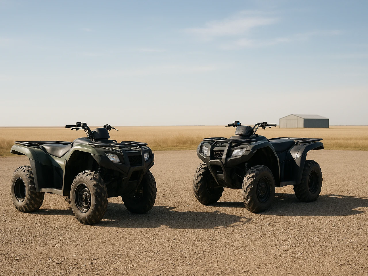 Two ATVs parked on a gravel yard under a wide open sky with a plain metal building small on the horizon and no signage