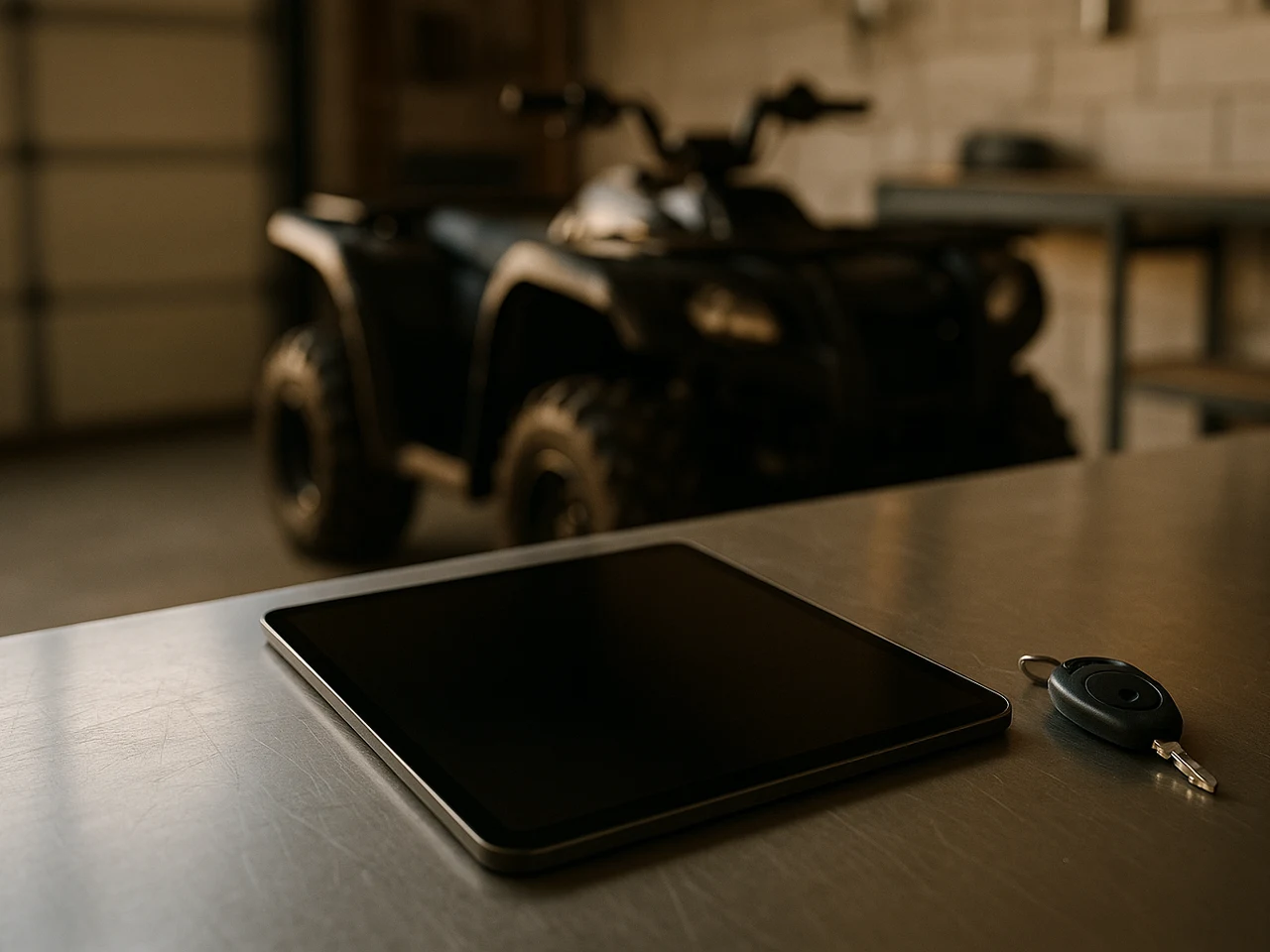 A tablet and a single ATV key fob resting on a steel workbench in soft shop window light with a parked ATV blurred in the background