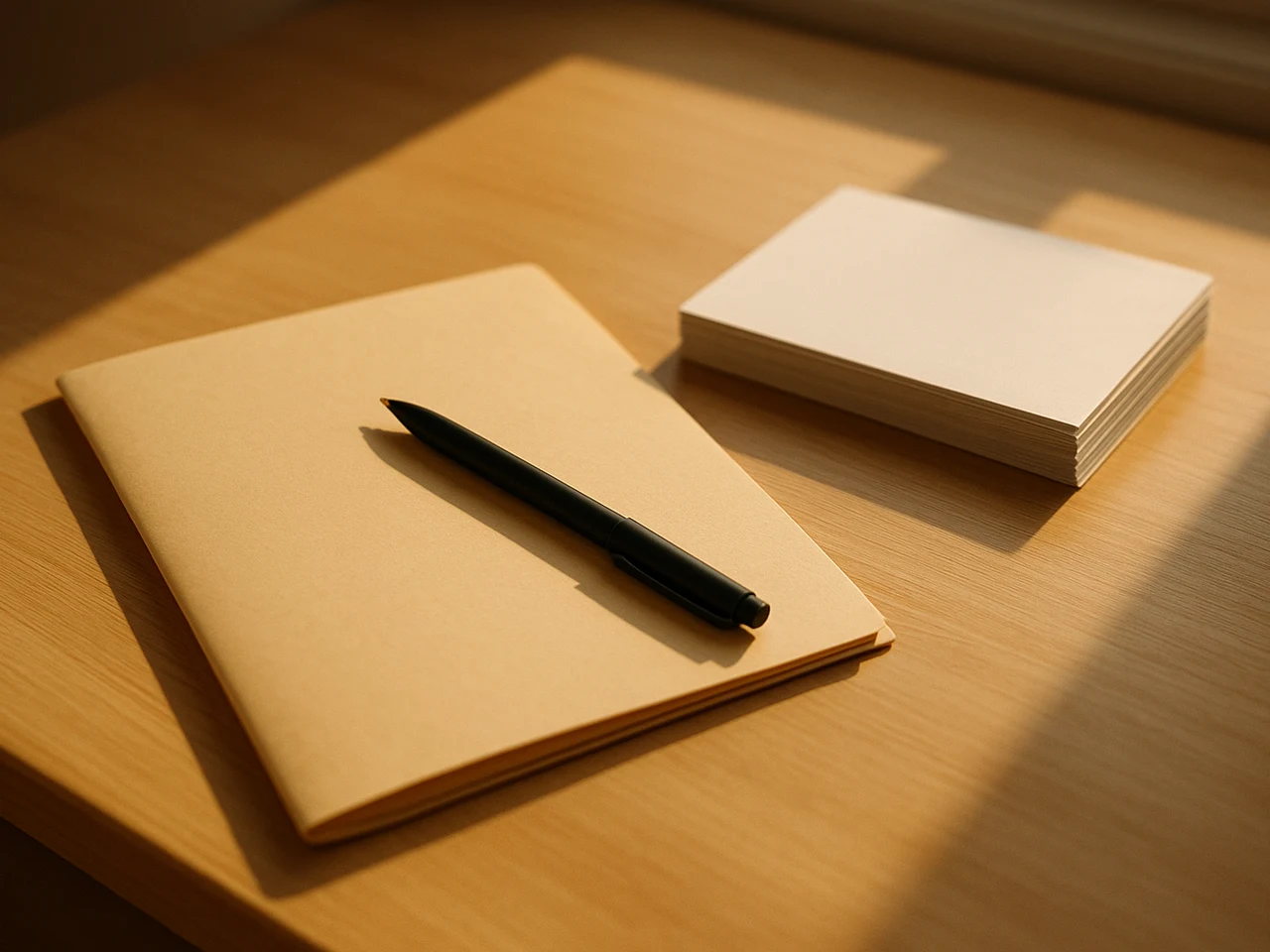 A closed folder, a pen, and a small stack of blank forms on a clean desk in afternoon window light with no logos or writing visible