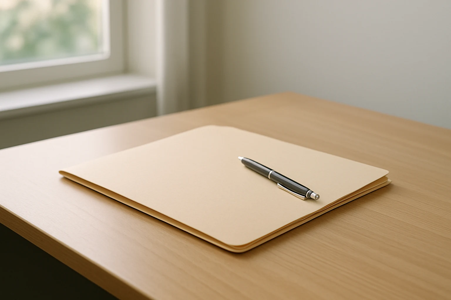 A clean desk corner with a closed folder and a pen in soft daylight, no bank marks or logos