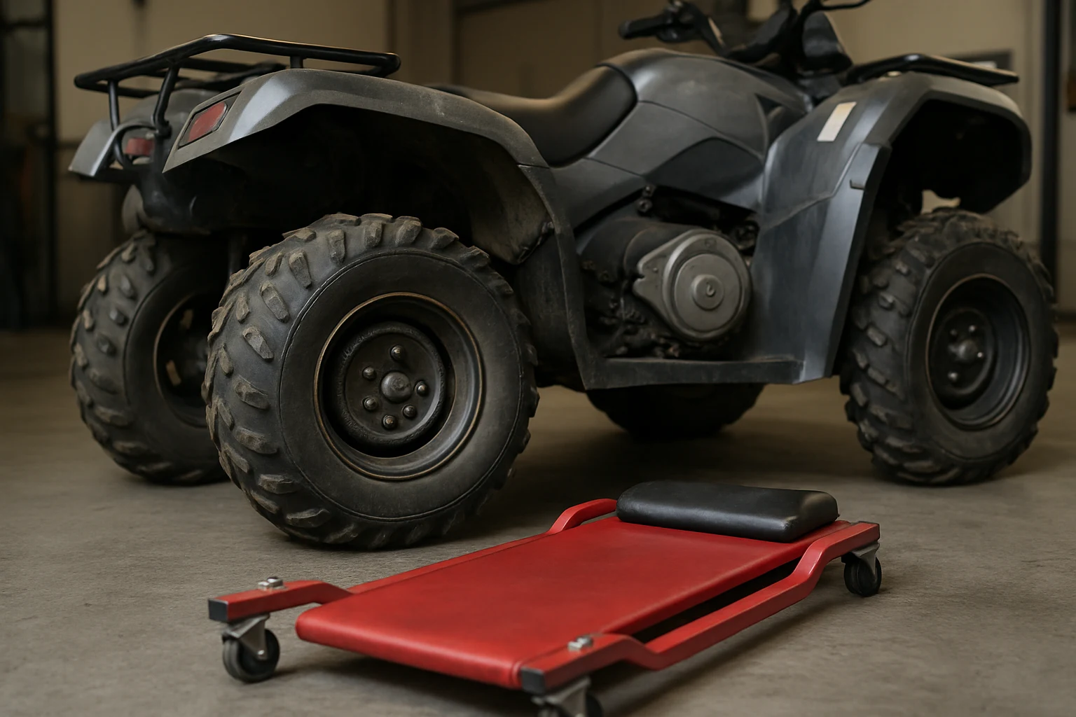 Rear-quarter walk-around view of an ATV with the belt cover area visible and a shop creeper edge in the foreground, no faces