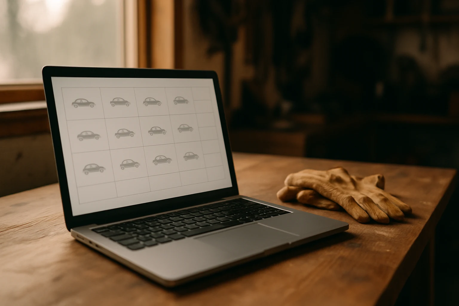 A laptop showing a blank inventory grid beside riding gloves on a wood bench in soft Alberta window light