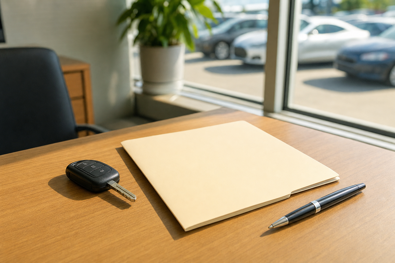 Clean dealership desk surface with a vehicle key, plain folder, and pen in soft natural window light