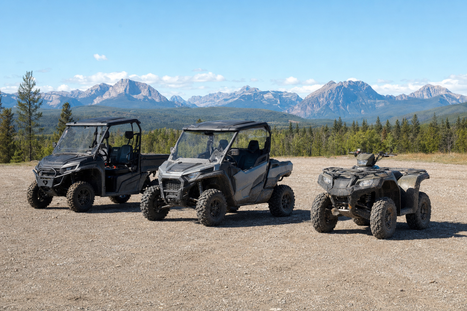 Modern side by side utility terrain vehicle and an ATV staged on an open gravel yard with Alberta foothills in the background