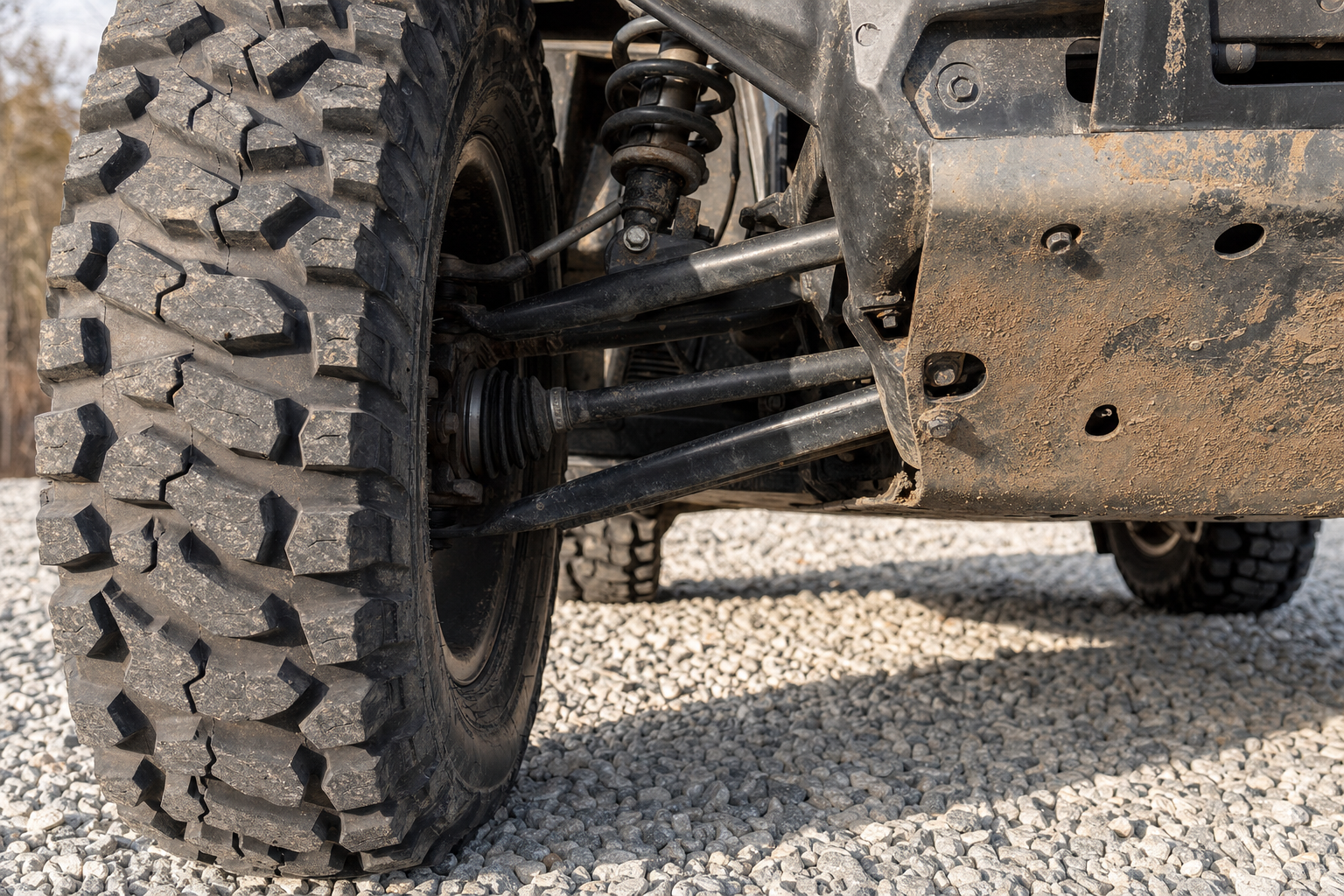 Close up detail view of a used all-terrain vehicle tire, suspension A-arm, and underbody skid plate on gravel