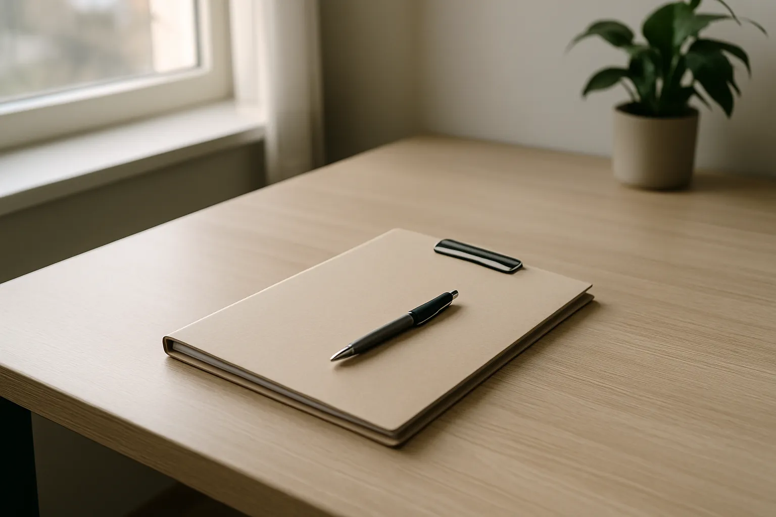 A clean desk corner with a closed folder and a pen in soft daylight with no bank marks or logos