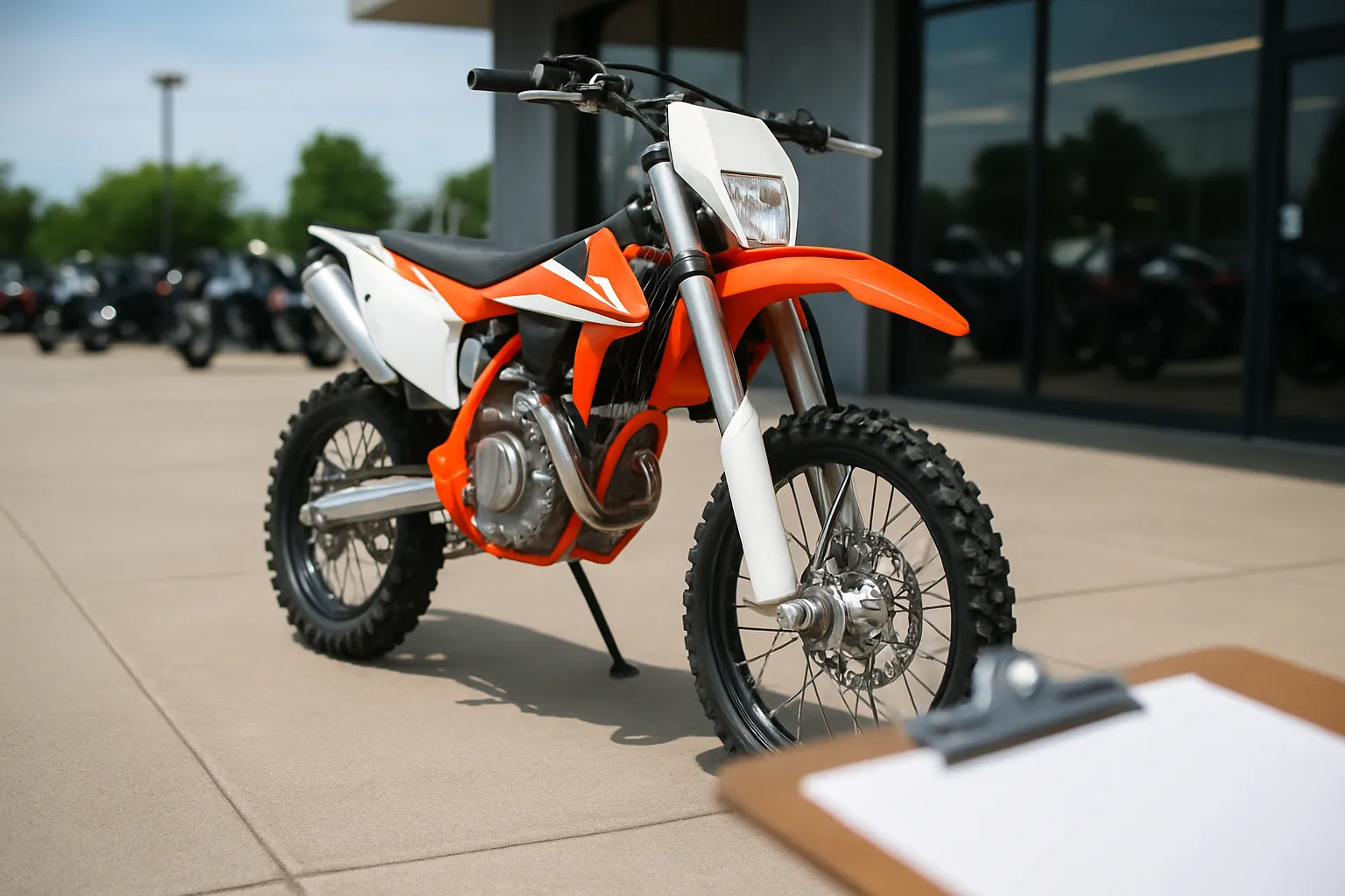 A front three-quarter view of a dirt bike on a dealership lot with a clipboard edge in the foreground and no faces visible