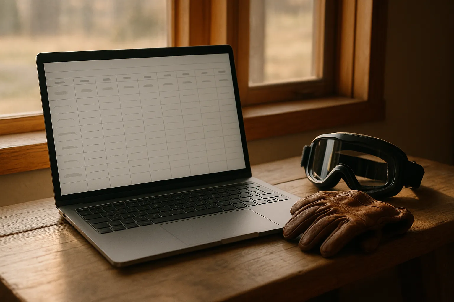 A laptop showing a blank inventory grid beside riding gloves and goggles on a wood bench in soft Alberta window light
