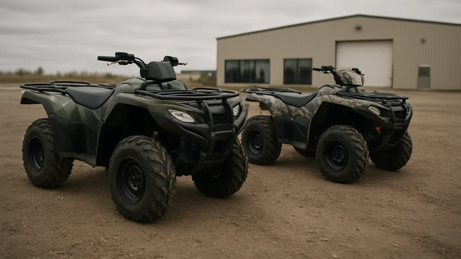 Two ATVs parked on a gravel yard near a generic metal building under a wide overcast sky