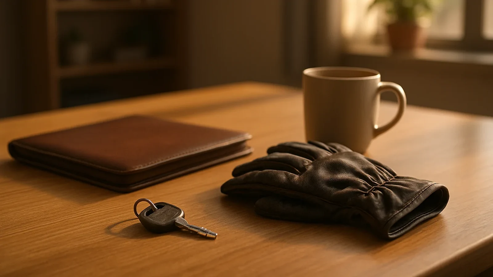 ATV key, leather folder, riding gloves, and a coffee mug on a warm wooden desk in afternoon window light