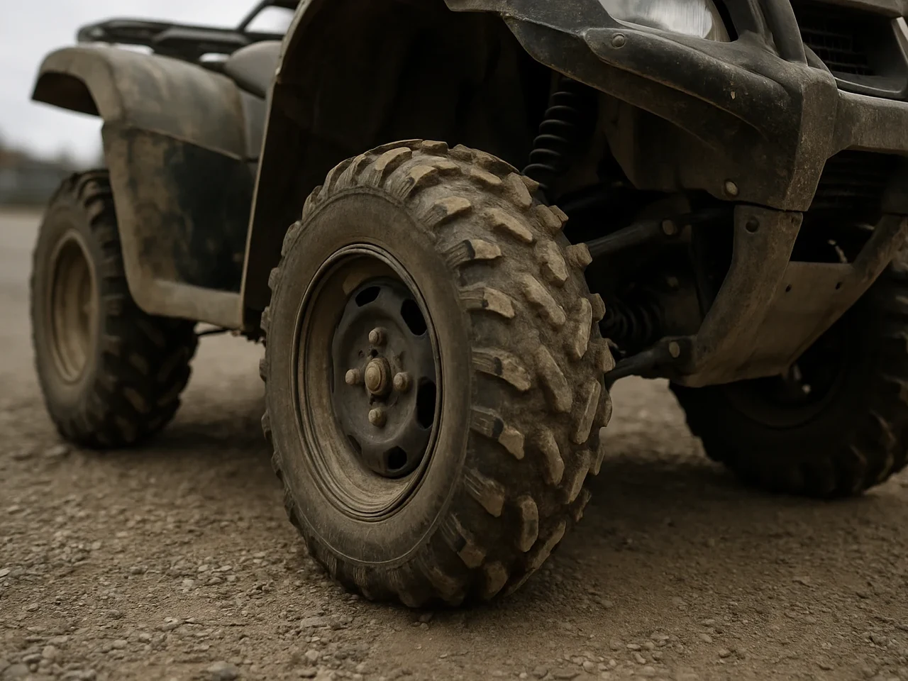 Close walk-around detail of a used ATV front tire wheel hub suspension and dusty underbody on a gravel or dirt surface during a pre-purchase inspection