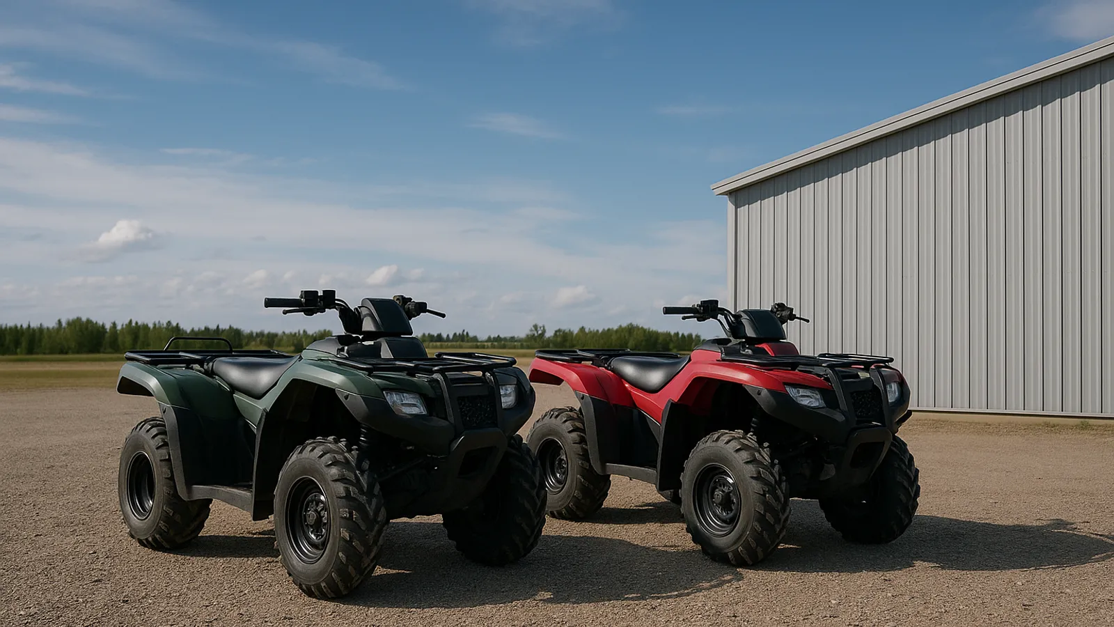 Two quads parked on a gravel yard near a plain metal building under a wide Alberta sky with no signage