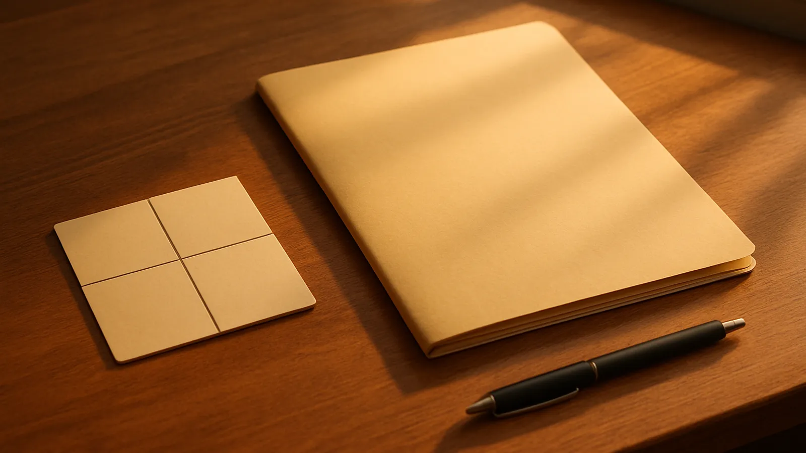A quad key, a plain folder, and a pen on a warm wooden desk in afternoon window light with no logos visible
