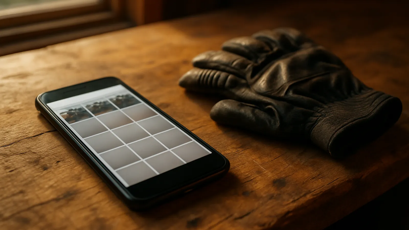 A phone showing a blank used quad listing grid resting on a wood bench beside riding gloves in soft Alberta window light