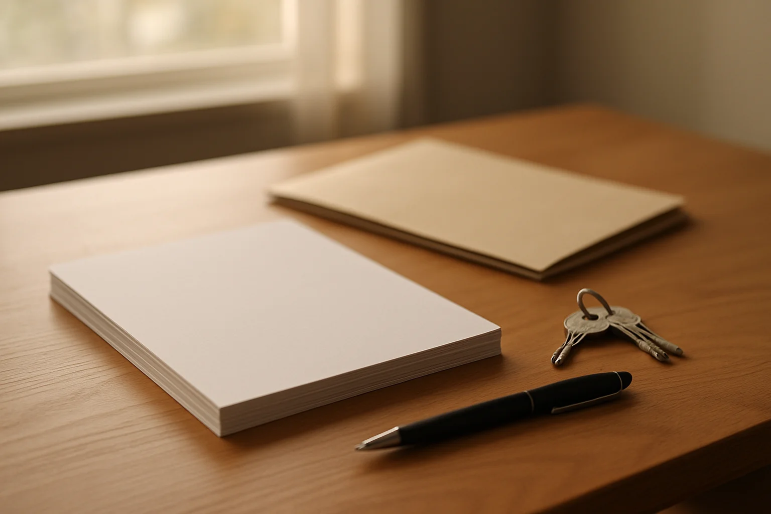 A tidy finance desk in soft natural window light with a neat stack of blank unmarked forms, a folder, a pen, and a set of keys on a wood surface, no text or logos