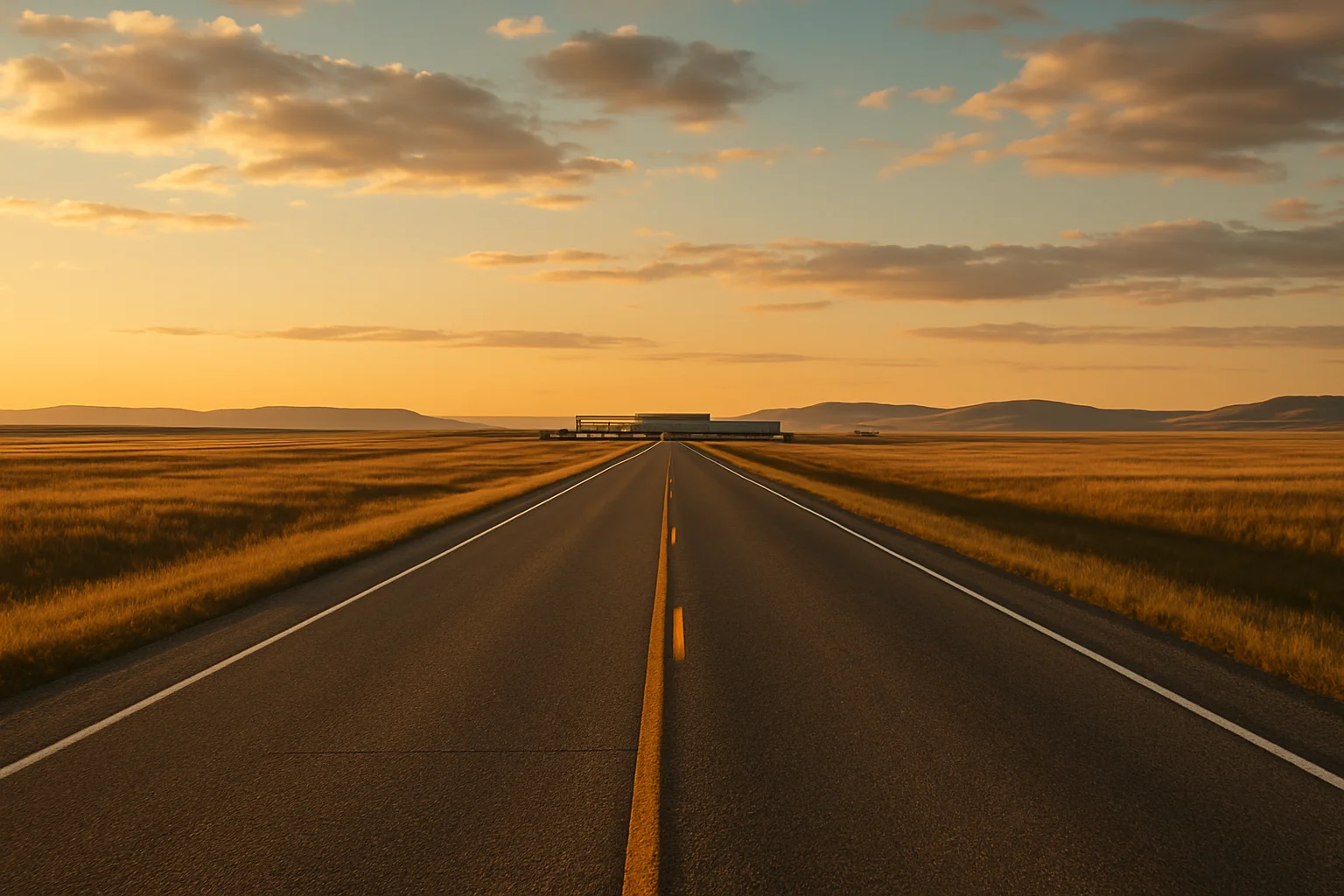 An open central Alberta two-lane highway at golden hour leading toward a low building in the distance under a big prairie sky with foothills on the horizon