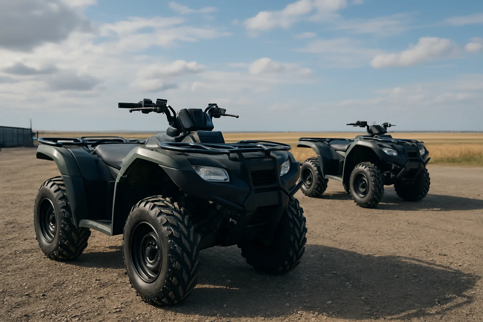 Two clean ATVs parked at the edge of a central Alberta dealership gravel lot under a grey-blue prairie sky in crisp daylight, no people or signage