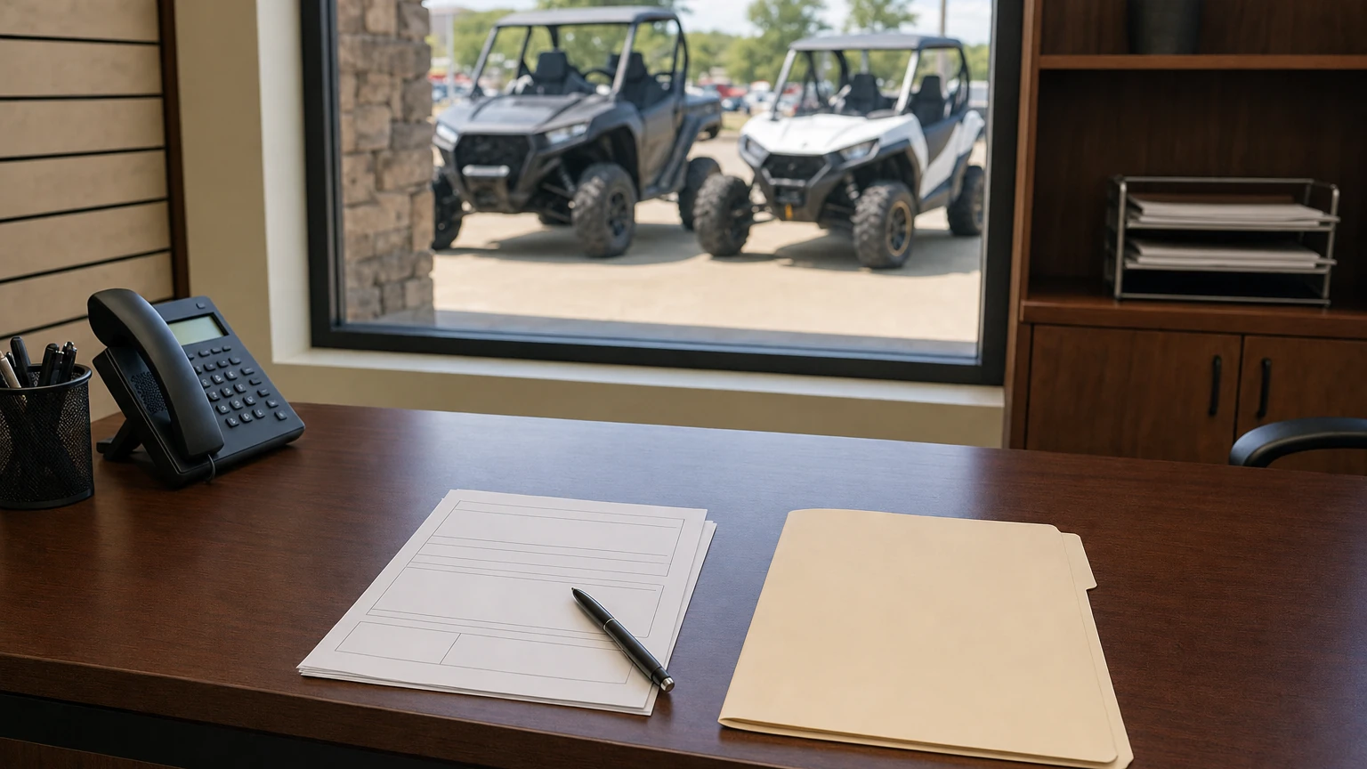 A finance application document and pen resting on a wooden dealership desk with powersports inventory visible outside