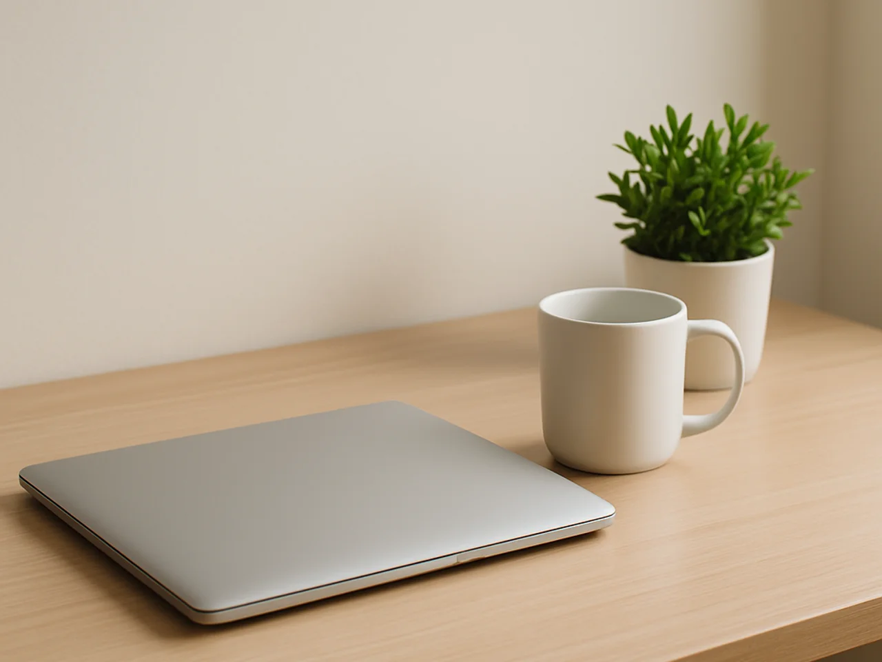 A tidy office desk in natural light with a laptop showing a blank form, a coffee cup, and a small plant, with a blurred ATV in the background and no text