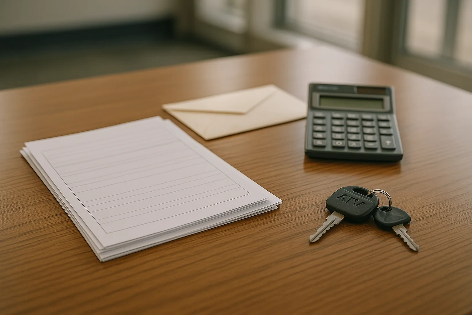 A tidy wood desk in soft daylight with a small stack of blank forms, a plain sealed envelope, a calculator, and a set of keys, with no writing or logos visible