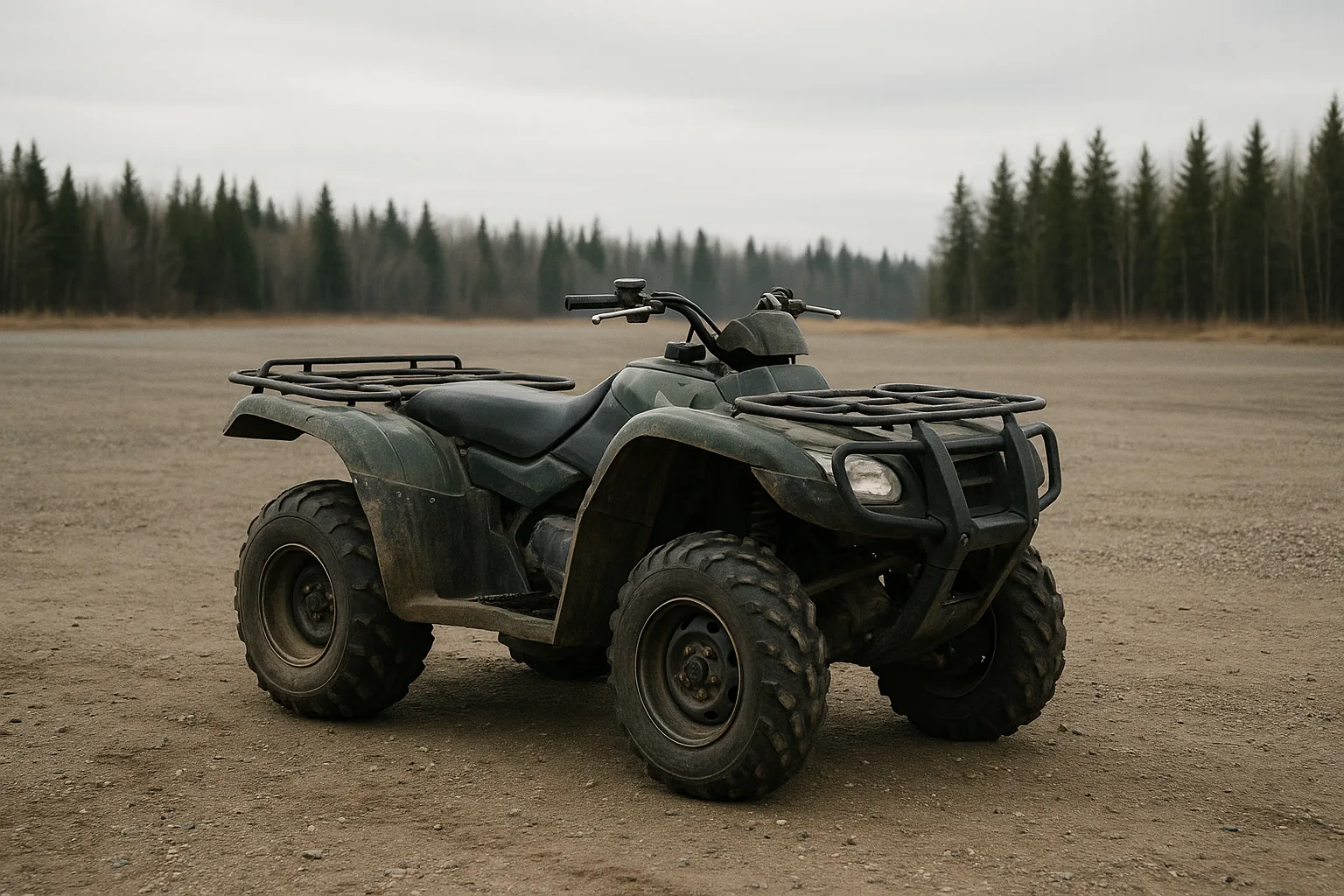 A used ATV quad parked on a gravel lot in crisp overcast Alberta daylight showing honest light wear with a treeline in the background
